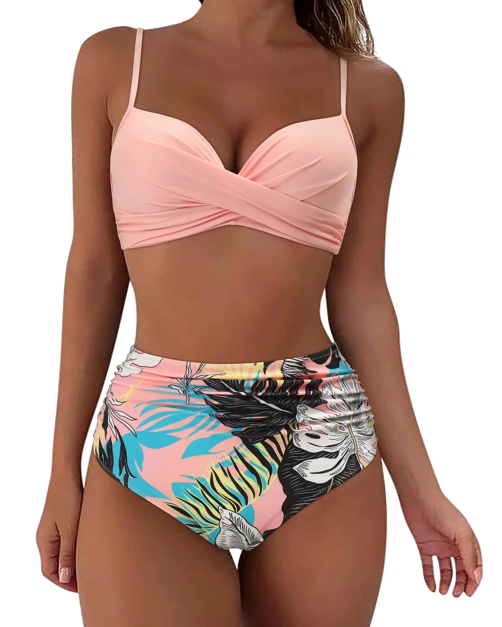 Bikini con Top Cruzado Cintura Alta y Estampado Tropical Ref. 0111