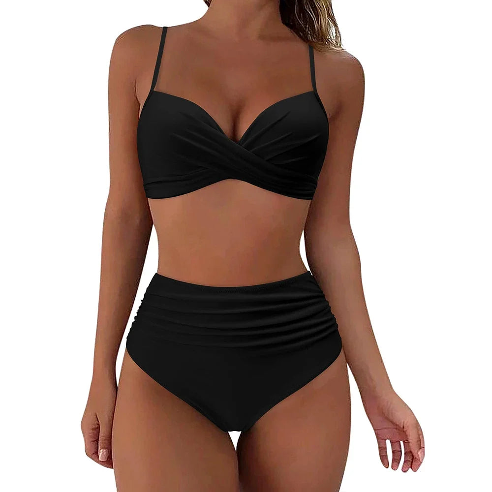 Bikini con Top Cruzado Cintura Alta y Estampado Tropical Ref. 0111