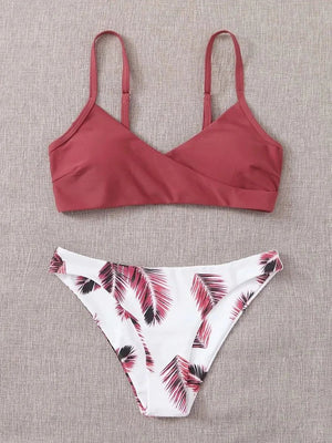 Bikini Cruzado con Tirantes Finos y Estampado de Hojas Ref. 0514 - Marea Bella Swimwear