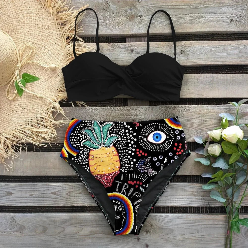 Bikini Estampado con Cintura Alta y Top Retorcido Ref. 0506 - Marea Bella Swimwear