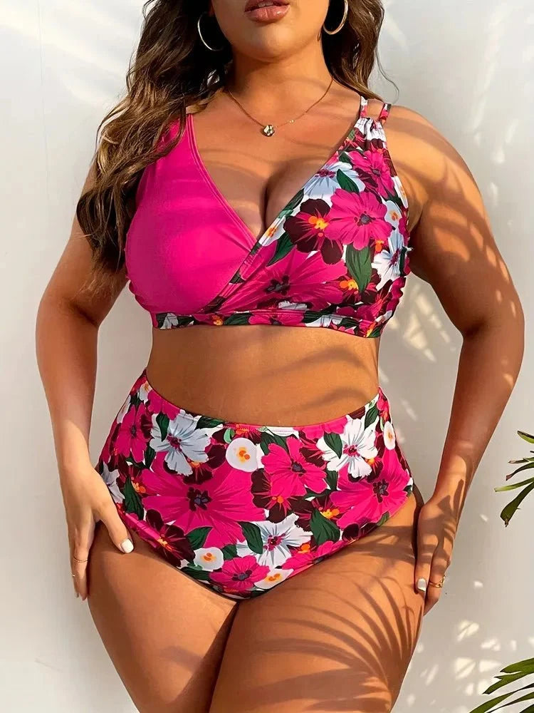 Bikini Plus Size de Cintura Alta con Tirantes Dobles y Estampado Floral Ref. 0652 - Marea Bella Swimwear