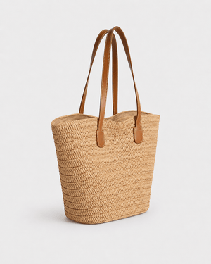 Bolso Tote Tipo Cesta de Rafia Trenzada con Asas Efecto Cuero Ref. 0804 - Marea Bella Swimwear