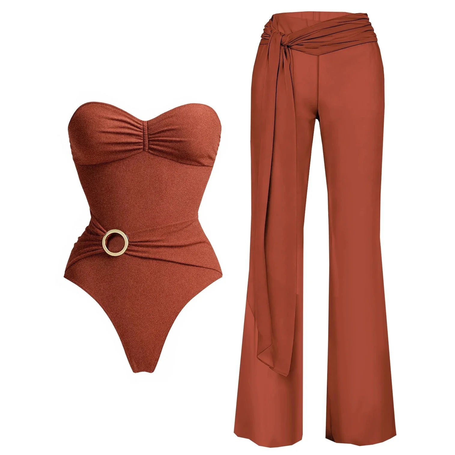 Conjunto con Adorno en Anilla y Pantalón Palazzo Cruzado Ref. 0595 - Marea Bella Swimwear