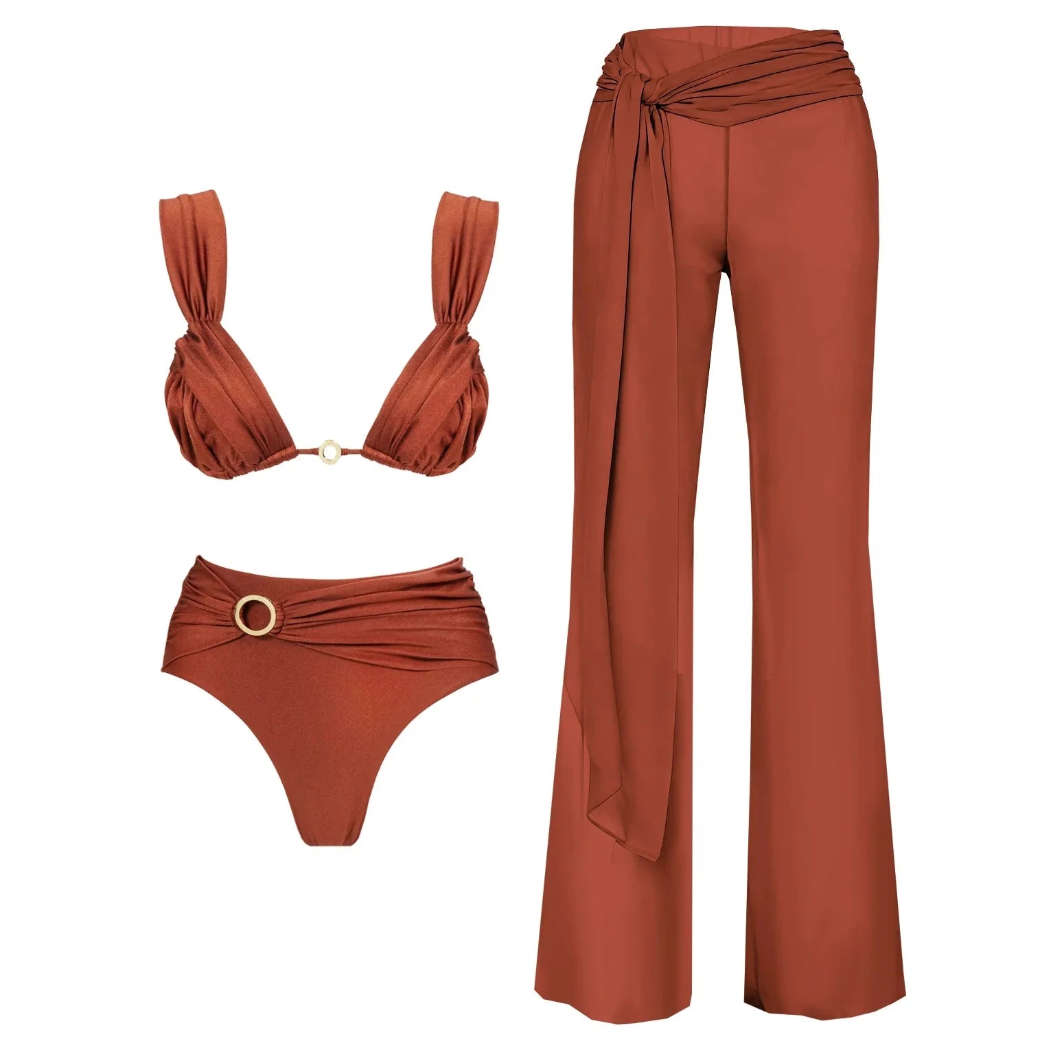 Conjunto con Adorno en Anilla y Pantalón Palazzo Cruzado Ref. 0595 - Marea Bella Swimwear