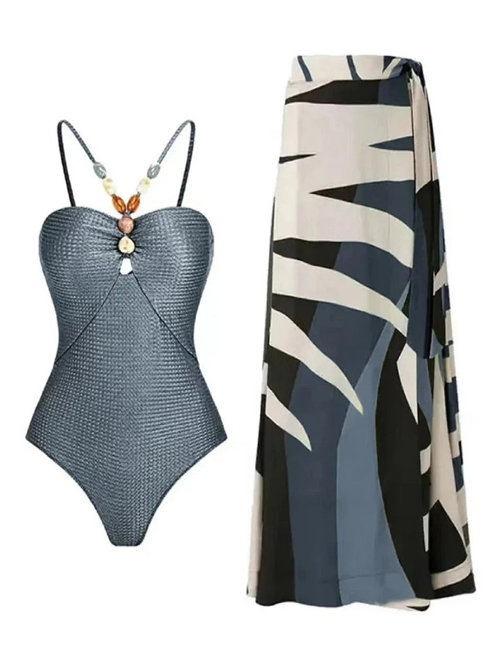 Conjunto con Bañador Texturizado y Falda Estampada Ref. 0345 - Marea Bella Swimwear