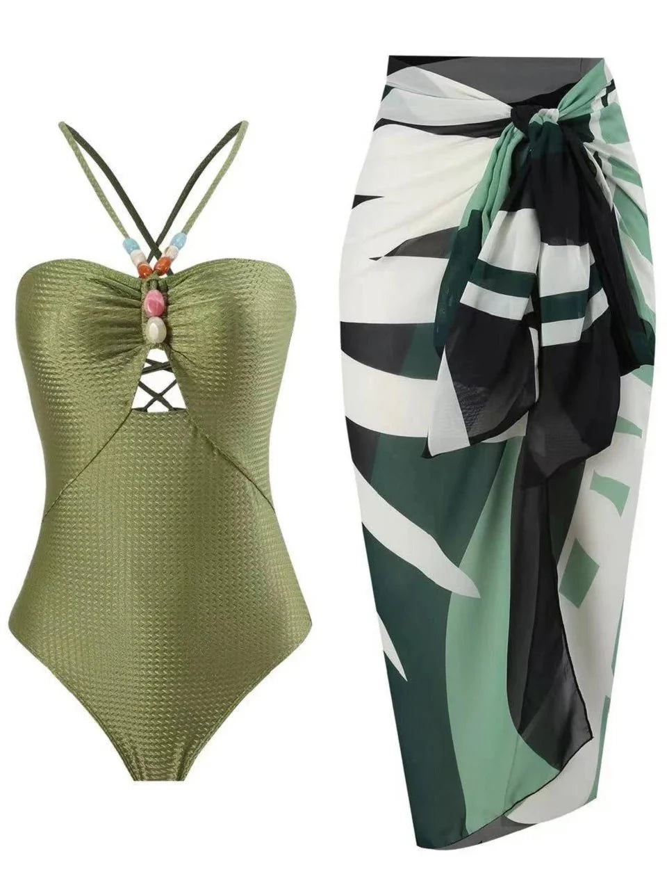 Conjunto con Bañador Texturizado y Falda Estampada Ref. 0345 - Marea Bella Swimwear