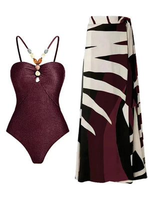 Conjunto con Bañador Texturizado y Falda Estampada Ref. 0345 - Marea Bella Swimwear