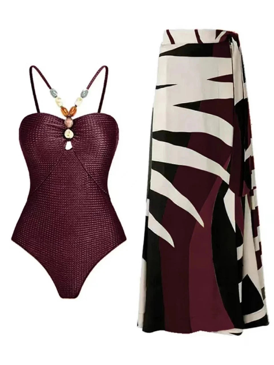 Conjunto con Bañador Texturizado y Falda Estampada Ref. 0345 - Marea Bella Swimwear