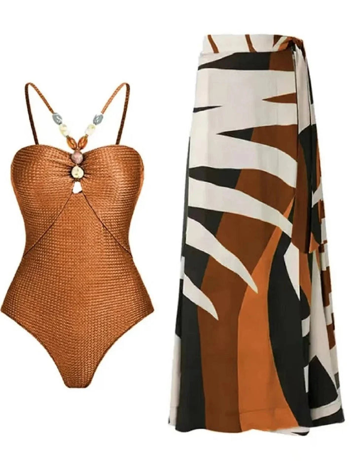 Conjunto con Bañador Texturizado y Falda Estampada Ref. 0345 - Marea Bella Swimwear