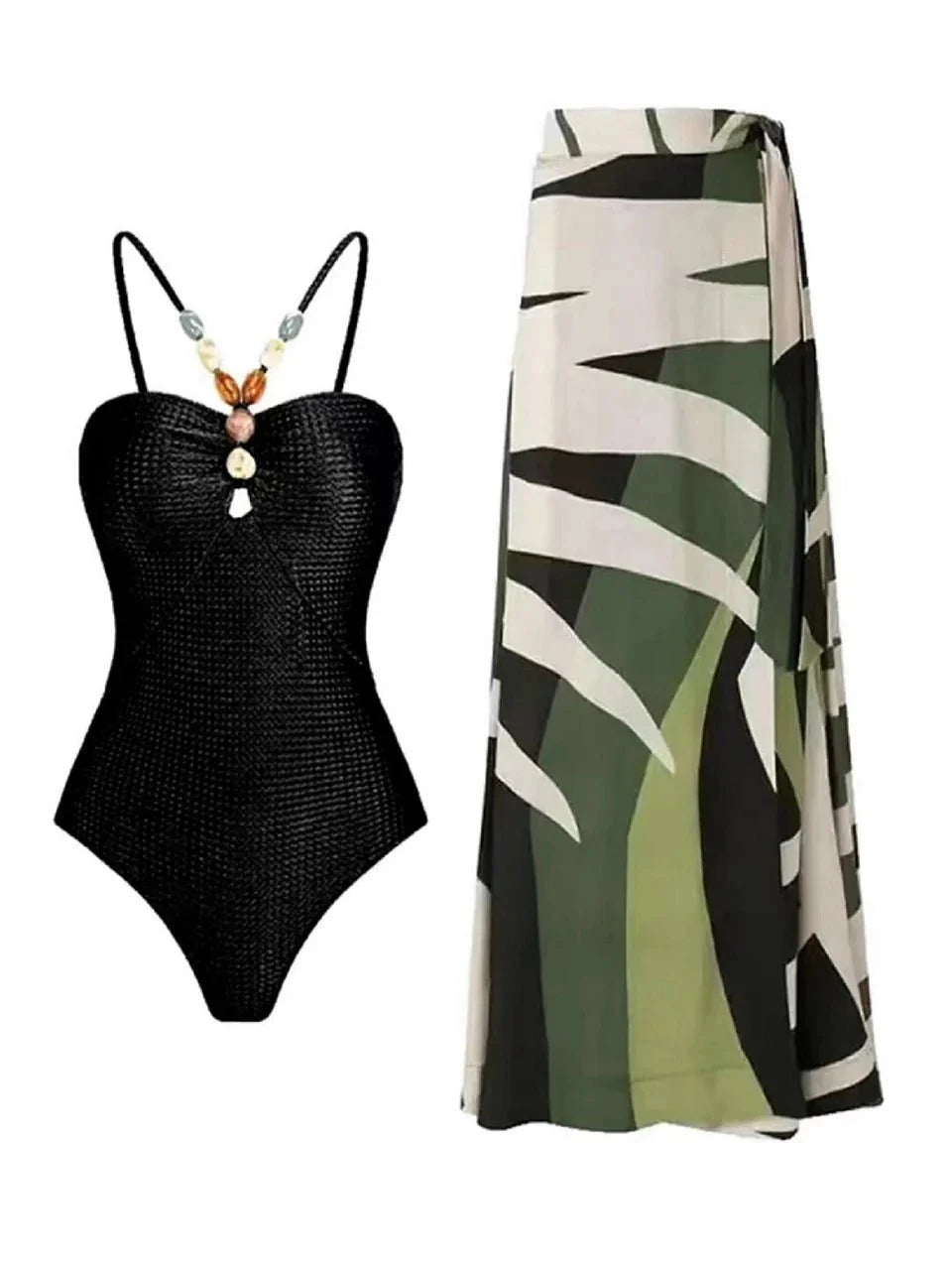 Conjunto con Bañador Texturizado y Falda Estampada Ref. 0345 - Marea Bella Swimwear