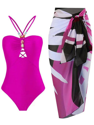 Conjunto con Bañador Texturizado y Falda Estampada Ref. 0345 - Marea Bella Swimwear