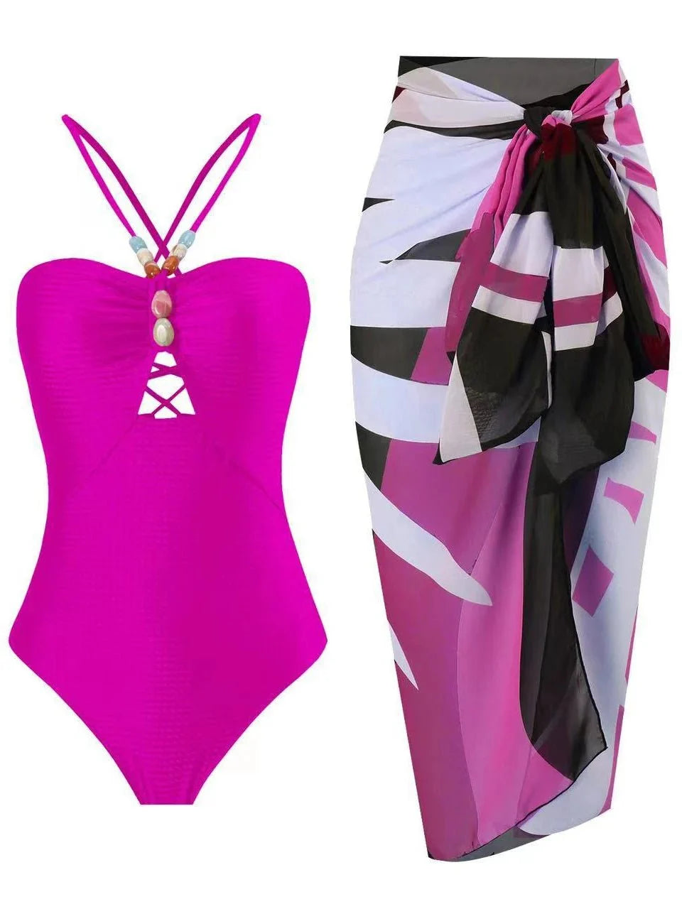 Conjunto con Bañador Texturizado y Falda Estampada Ref. 0345 - Marea Bella Swimwear
