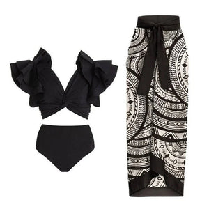 Conjunto de Bikini con Top de Manga con Volante y Pareo Estampado Ref. 0572 - Marea Bella Swimwear