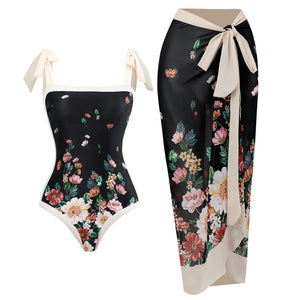 Conjunto de Bañador con Detalle de Lazo en los Tirantes y Pareo Floral Ref. 0585 - Marea Bella Swimwear
