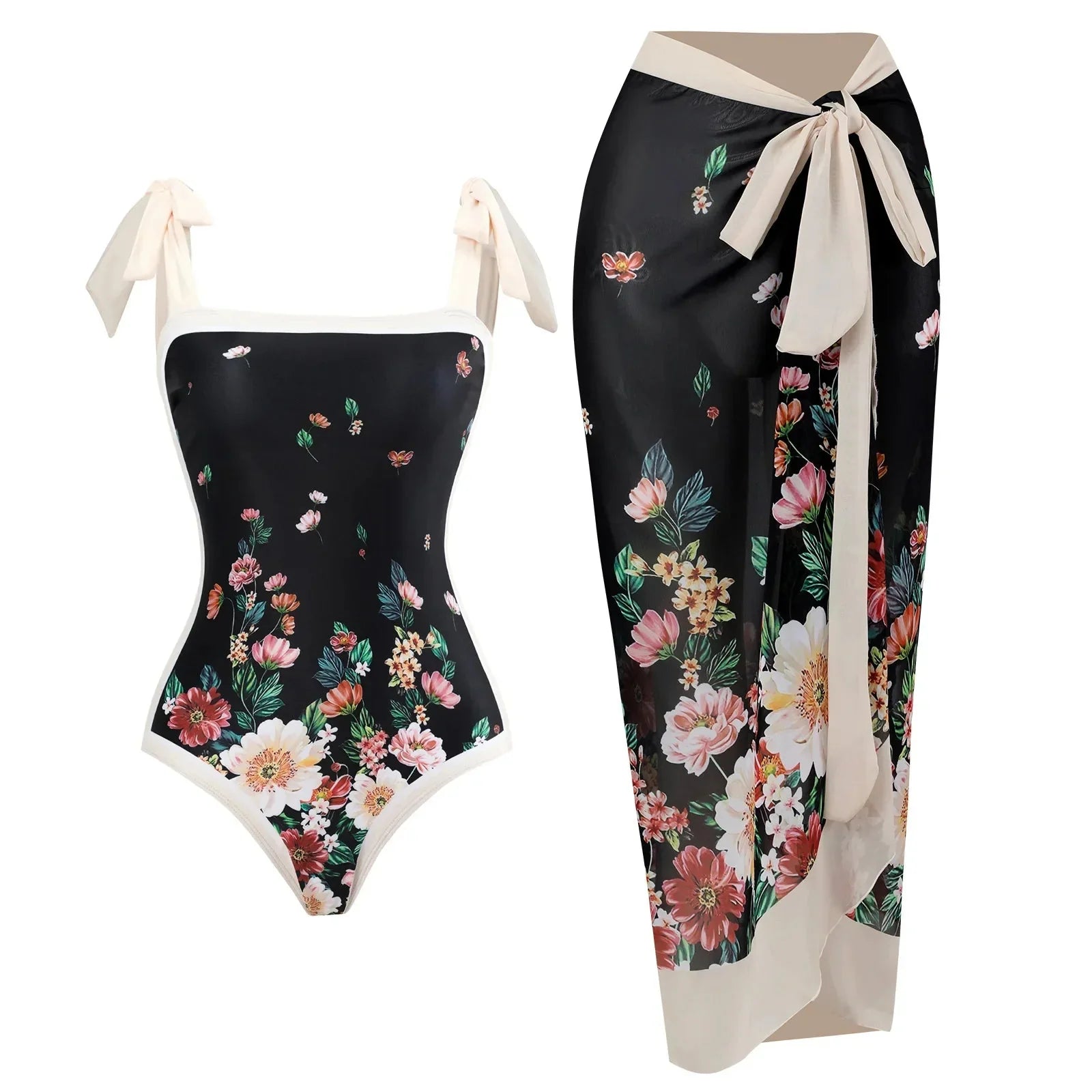 Conjunto de Bañador con Detalle de Lazo en los Tirantes y Pareo Floral Ref. 0585 - Marea Bella Swimwear