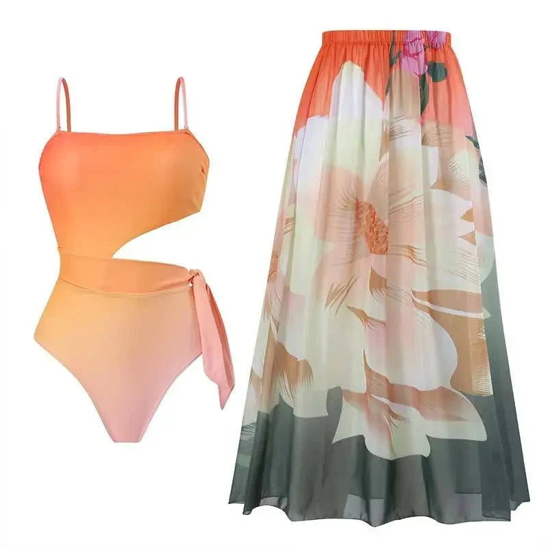 Conjunto de Bañador con Detalle Lateral y Pareo Estampado Ref. 0576 - Marea Bella Swimwear