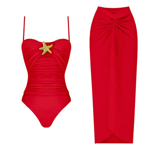 Conjunto de Bañador con Falda Pareo y Aplique Dorado Central Ref. 0564 - Marea Bella Swimwear