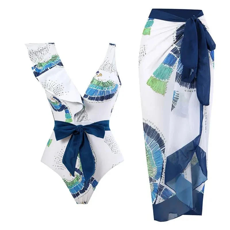 Conjunto de Bañador con Lazo Frontal y Pareo Estampado Ref. 0579 - Marea Bella Swimwear
