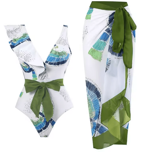 Conjunto de Bañador con Lazo Frontal y Pareo Estampado Ref. 0579 - Marea Bella Swimwear