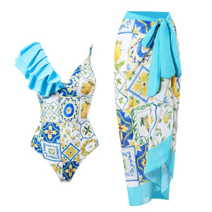 Conjunto de Bañador con Volante y Pareo Estampado Ref. 0580 - Marea Bella Swimwear