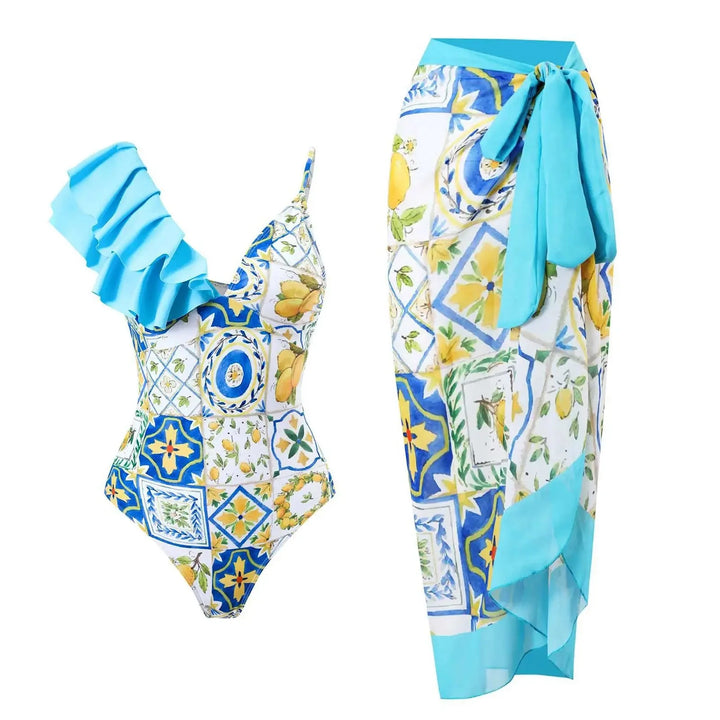 Conjunto de Bañador con Volante y Pareo Estampado Ref. 0580 - Marea Bella Swimwear
