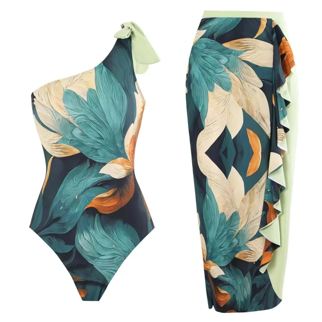 Conjunto de Bañador de Un Hombro con Pareo Estampado Ref. 0574 - Marea Bella Swimwear