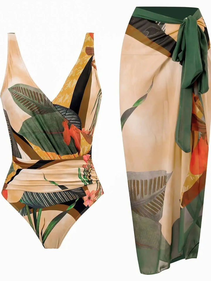 Conjunto de Bañador Drapeado y Falda Estampada Tropical Ref. 0568 - Marea Bella Swimwear
