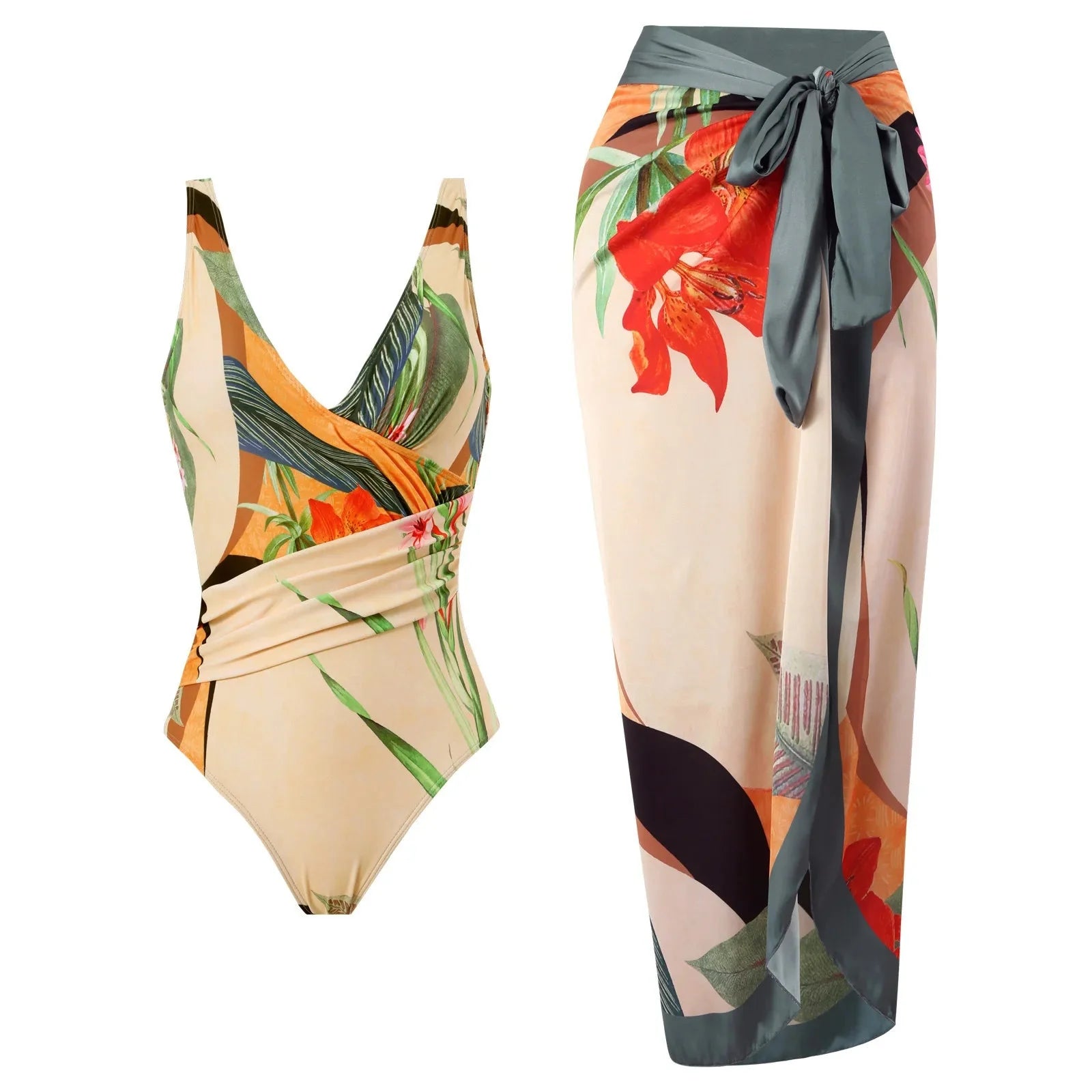 Conjunto de Bañador Drapeado y Falda Estampada Tropical Ref. 0568 - Marea Bella Swimwear