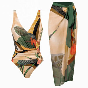 Conjunto de Bañador Drapeado y Falda Estampada Tropical Ref. 0568 - Marea Bella Swimwear