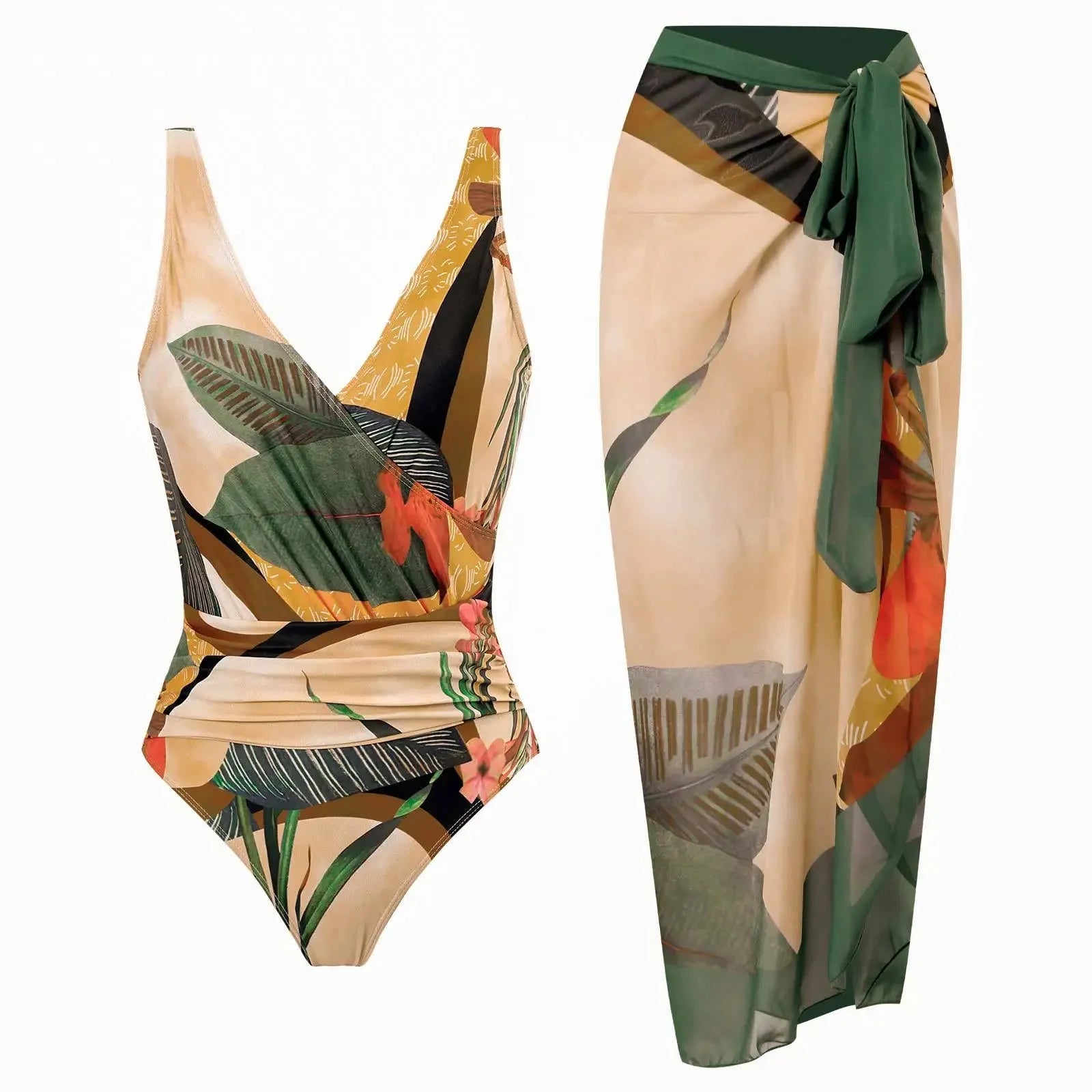 Conjunto de Bañador Drapeado y Falda Estampada Tropical Ref. 0568 - Marea Bella Swimwear
