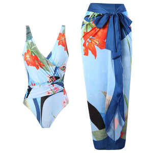 Conjunto de Bañador Drapeado y Falda Estampada Tropical Ref. 0568 - Marea Bella Swimwear
