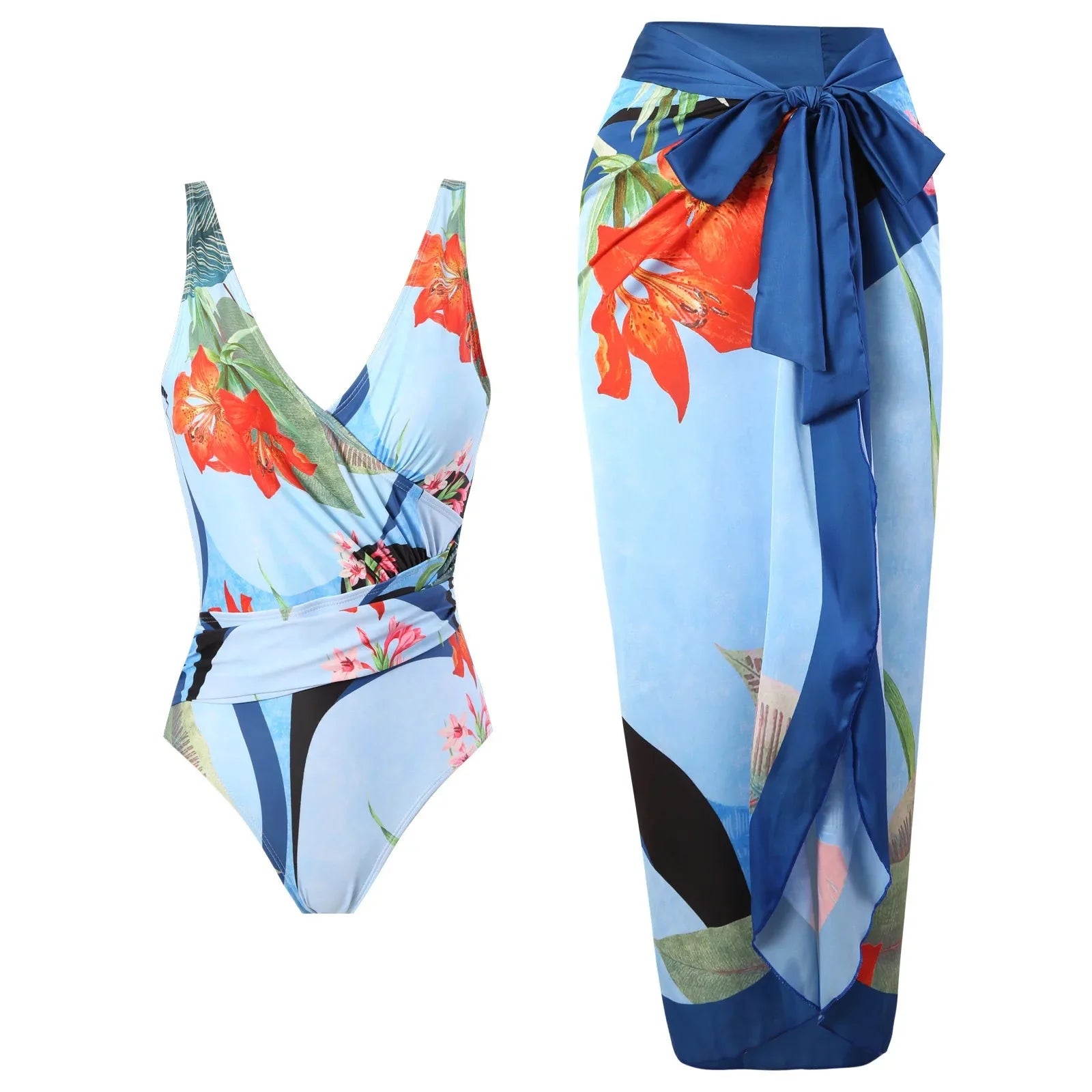 Conjunto de Bañador Drapeado y Falda Estampada Tropical Ref. 0568 - Marea Bella Swimwear