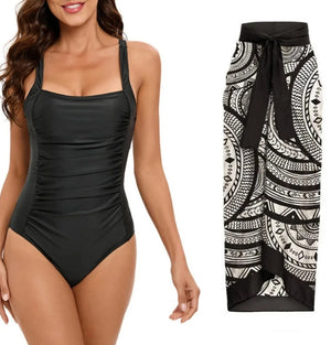 Conjunto de Bañador Negro Liso y Falda Pareo Estampada Ref. 0561 - Marea Bella Swimwear