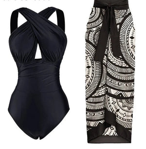 Conjunto de Bañador Negro Liso y Falda Pareo Estampada Ref. 0561 - Marea Bella Swimwear