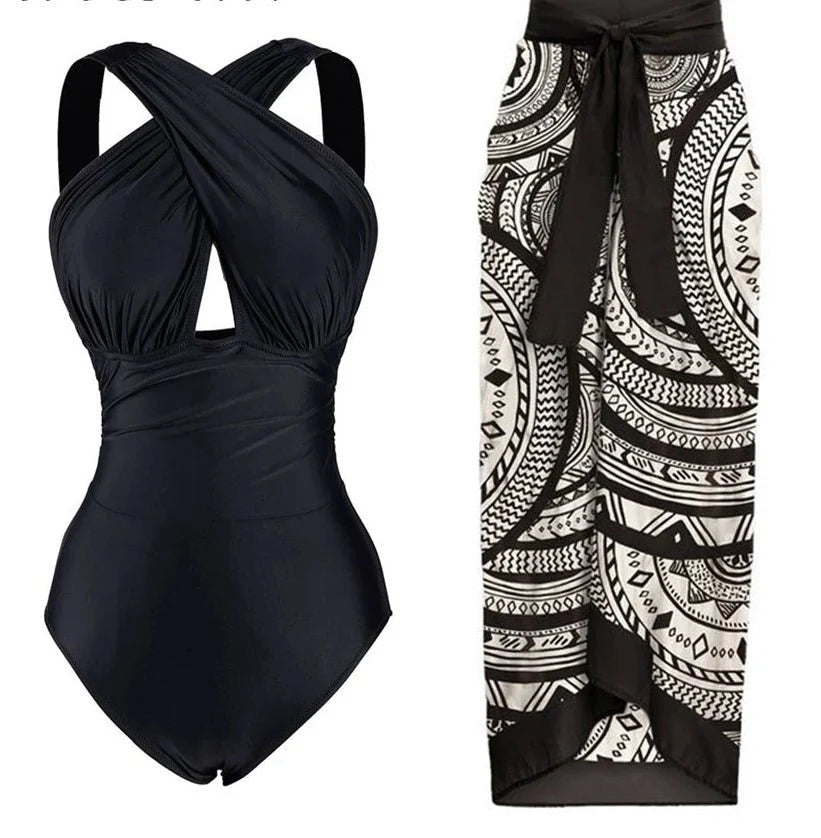 Conjunto de Bañador Negro Liso y Falda Pareo Estampada Ref. 0561 - Marea Bella Swimwear