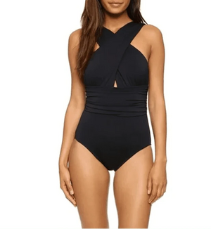 Conjunto de Bañador Negro Liso y Falda Pareo Estampada Ref. 0561 - Marea Bella Swimwear