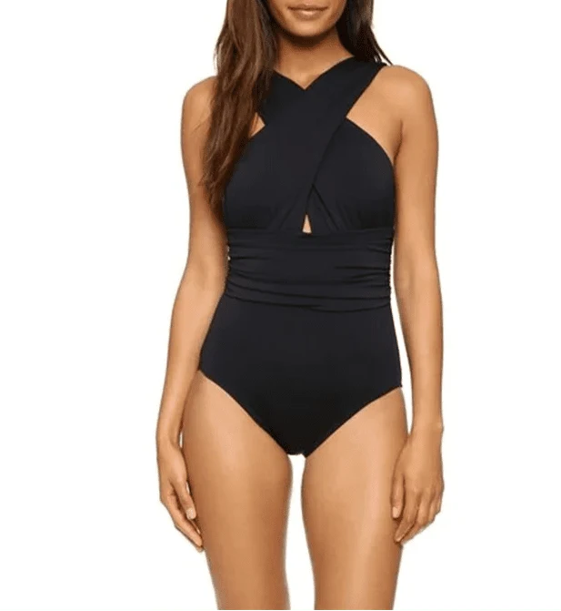 Conjunto de Bañador Negro Liso y Falda Pareo Estampada Ref. 0561 - Marea Bella Swimwear