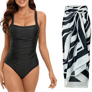 Conjunto de Bañador Negro Liso y Falda Pareo Estampada Ref. 0561 - Marea Bella Swimwear