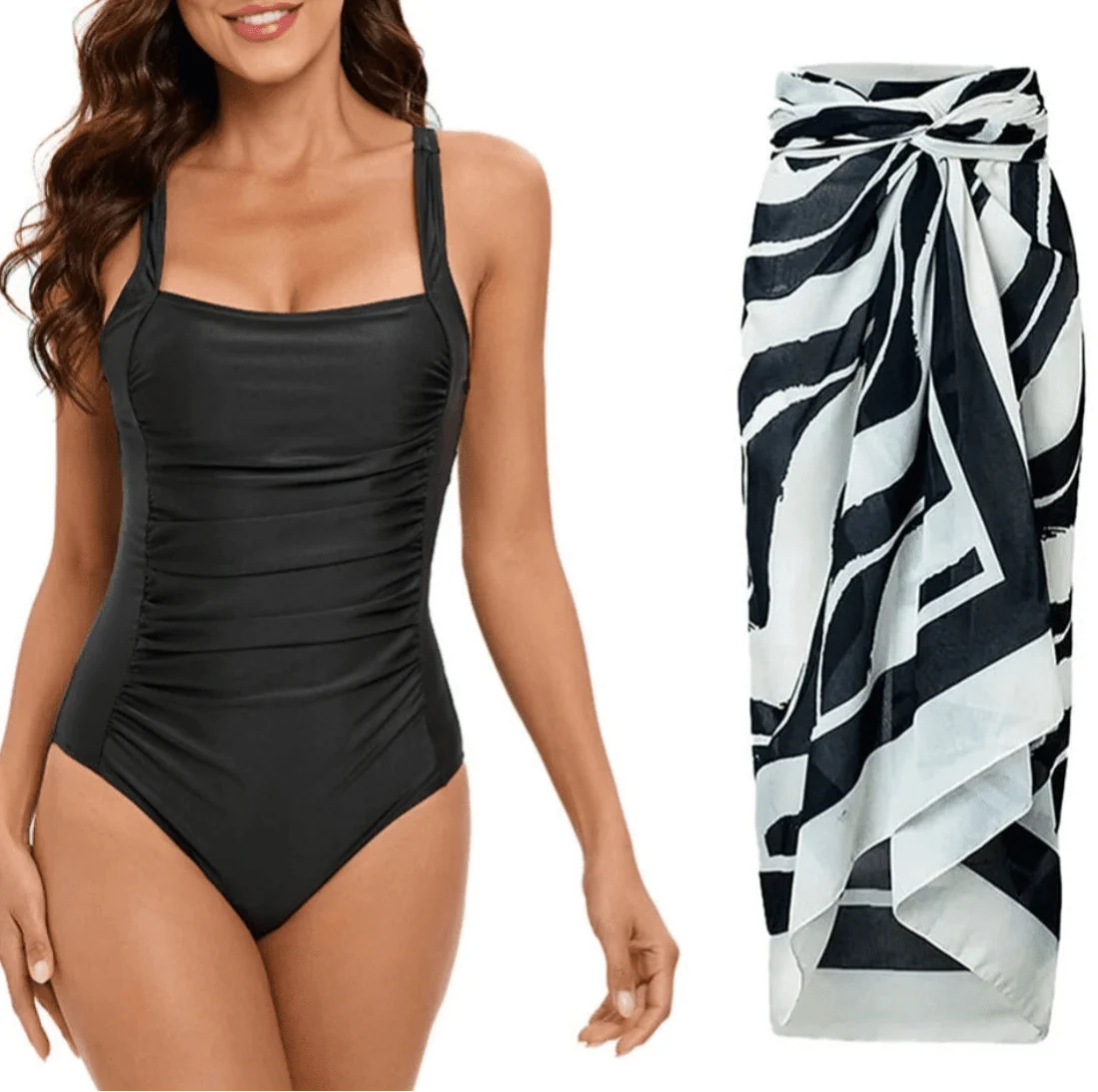 Conjunto de Bañador Negro Liso y Falda Pareo Estampada Ref. 0561 - Marea Bella Swimwear