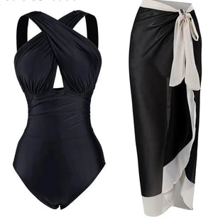 Conjunto de Bañador Negro Liso y Falda Pareo Estampada Ref. 0561 - Marea Bella Swimwear