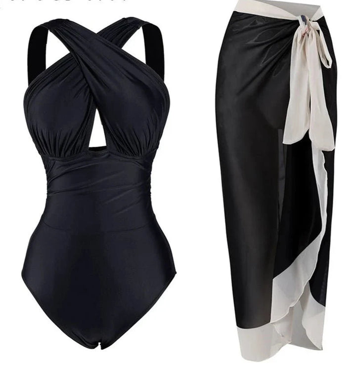 Conjunto de Bañador Negro Liso y Falda Pareo Estampada Ref. 0561 - Marea Bella Swimwear