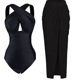 Conjunto de Bañador Negro Liso y Falda Pareo Estampada Ref. 0561 - Marea Bella Swimwear