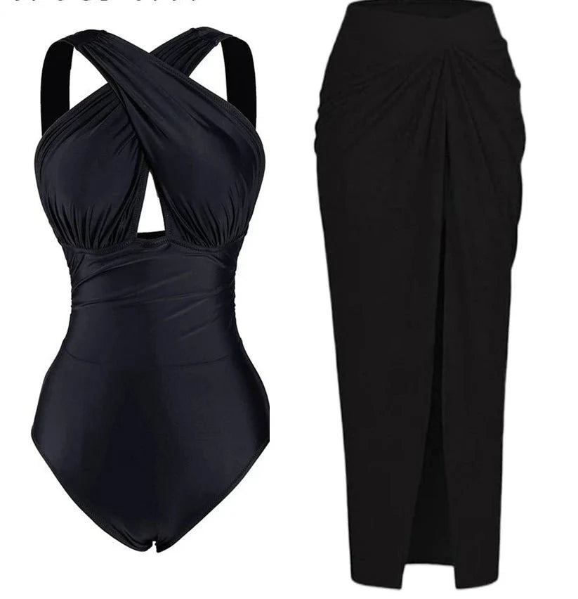Conjunto de Bañador Negro Liso y Falda Pareo Estampada Ref. 0561 - Marea Bella Swimwear
