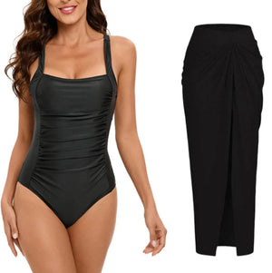 Conjunto de Bañador Negro Liso y Falda Pareo Estampada Ref. 0561 - Marea Bella Swimwear