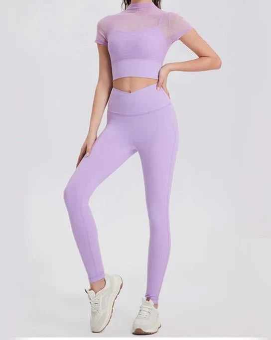 Conjunto Deportivo con Top de Manga Corta en Tul y Leggings Ref. 1041 - Marea Bella Swimwear