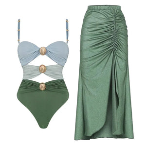 Conjunto de Bañador Bicolor con Detalle Calado y Falda Drapeada Ref. 0570 - Marea Bella Swimwear