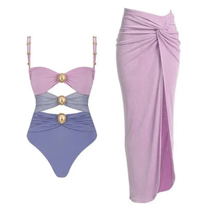 Conjunto de Bañador Bicolor con Detalle Calado y Falda Drapeada Ref. 0570 - Marea Bella Swimwear