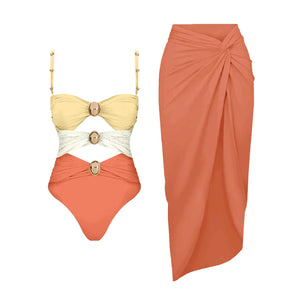 Conjunto de Bañador Bicolor con Detalle Calado y Falda Drapeada Ref. 0570 - Marea Bella Swimwear