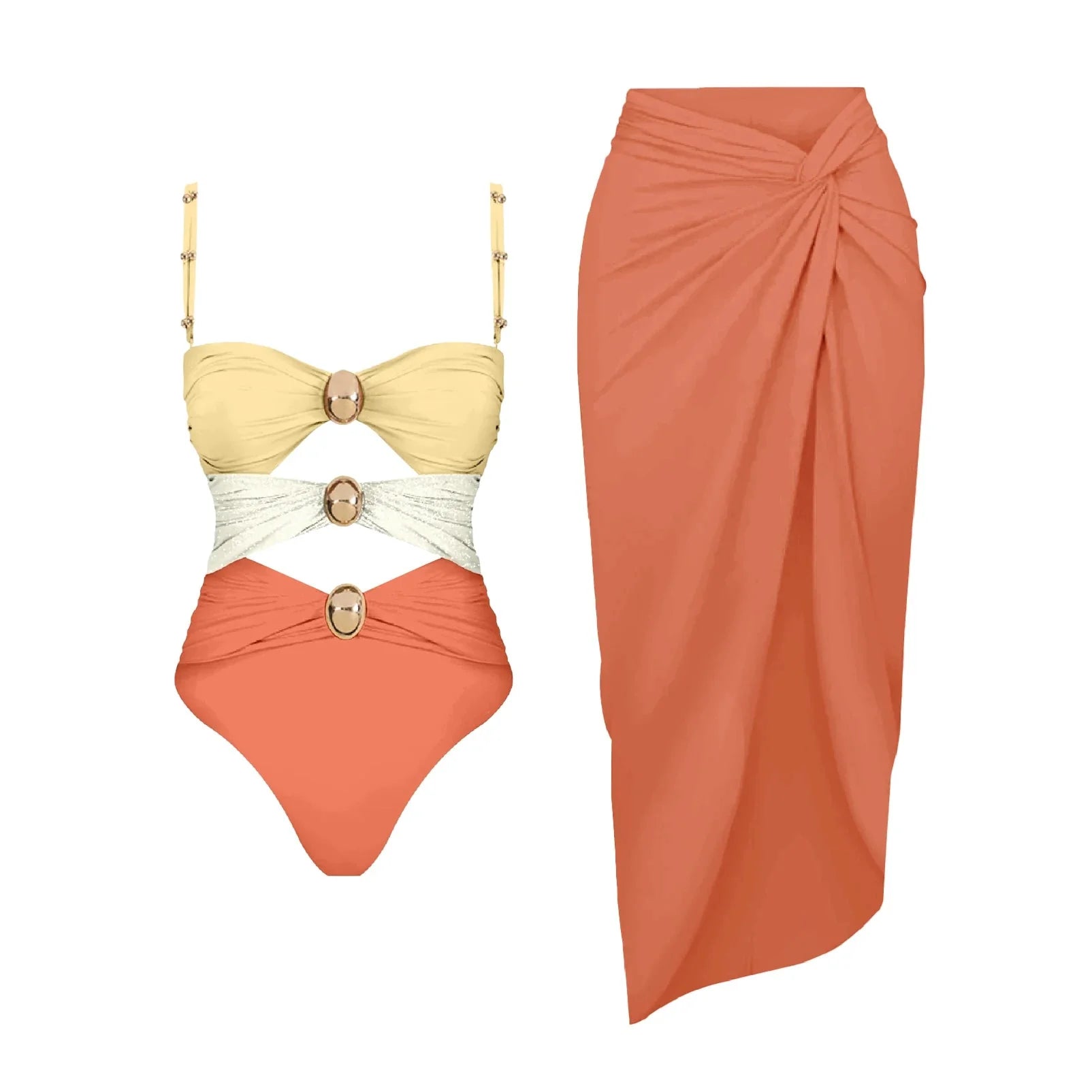 Conjunto de Bañador Bicolor con Detalle Calado y Falda Drapeada Ref. 0570 - Marea Bella Swimwear