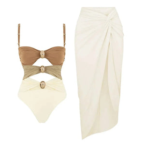 Conjunto de Bañador Bicolor con Detalle Calado y Falda Drapeada Ref. 0570 - Marea Bella Swimwear